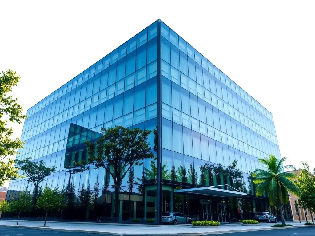 A modern office building with a focus on architectural detail, representing the real estate industry. The image should convey stability and growth.