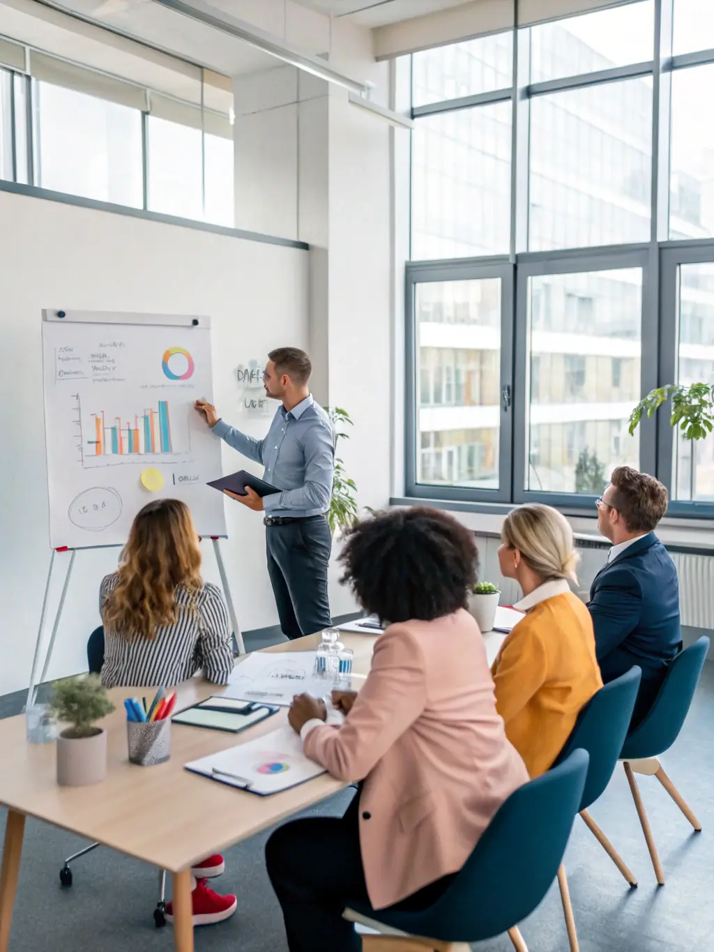 A consultant presenting data-driven insights to a client in a boardroom setting, emphasizing informed decision-making.