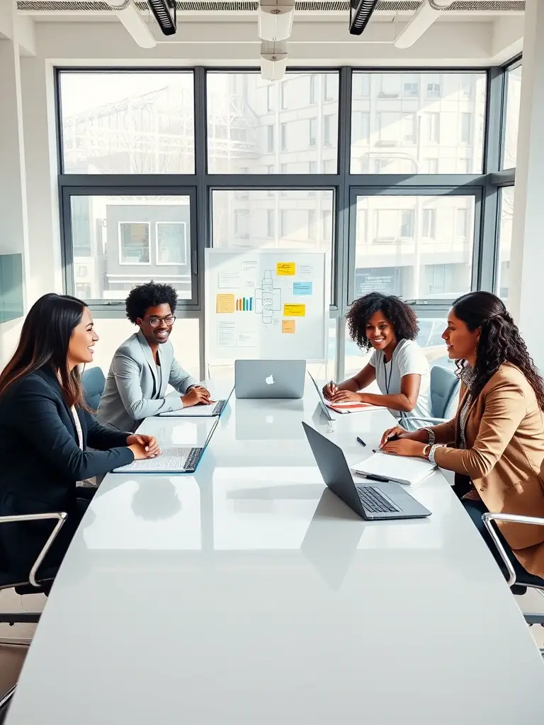 A diverse team of consultants brainstorming in a modern office, showcasing collaborative problem-solving.