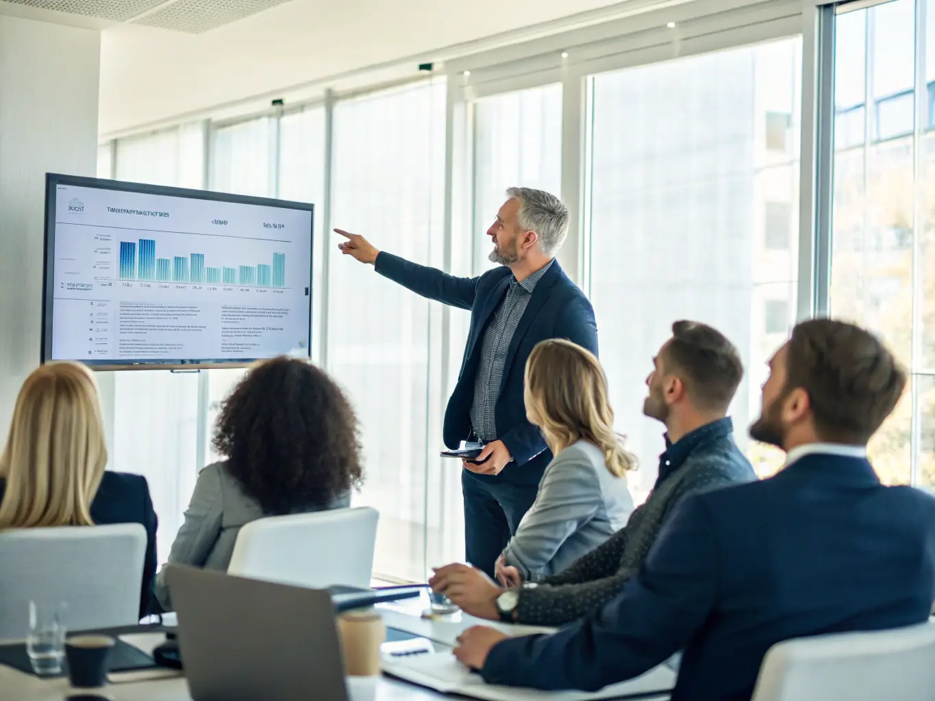 A consultant in a suit is presenting strategic data and insights to a team of executives in a modern office setting, emphasizing data-driven decision-making.