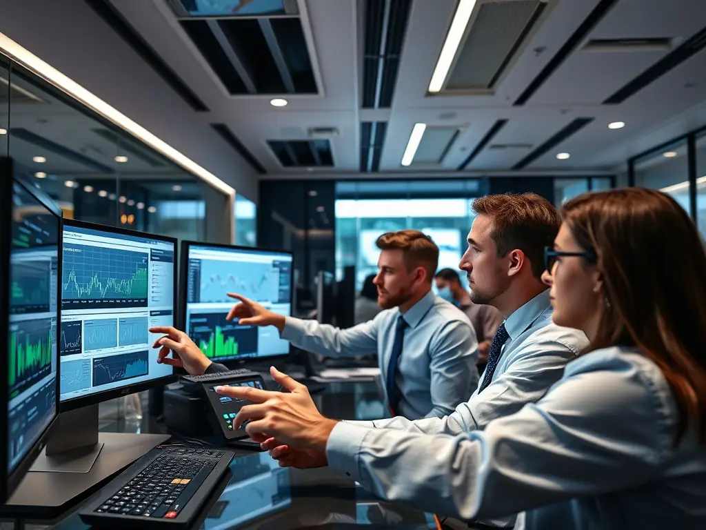 A group of financial analysts in a high-tech office setting, reviewing market data and investment strategies. The image should convey professionalism and insight.